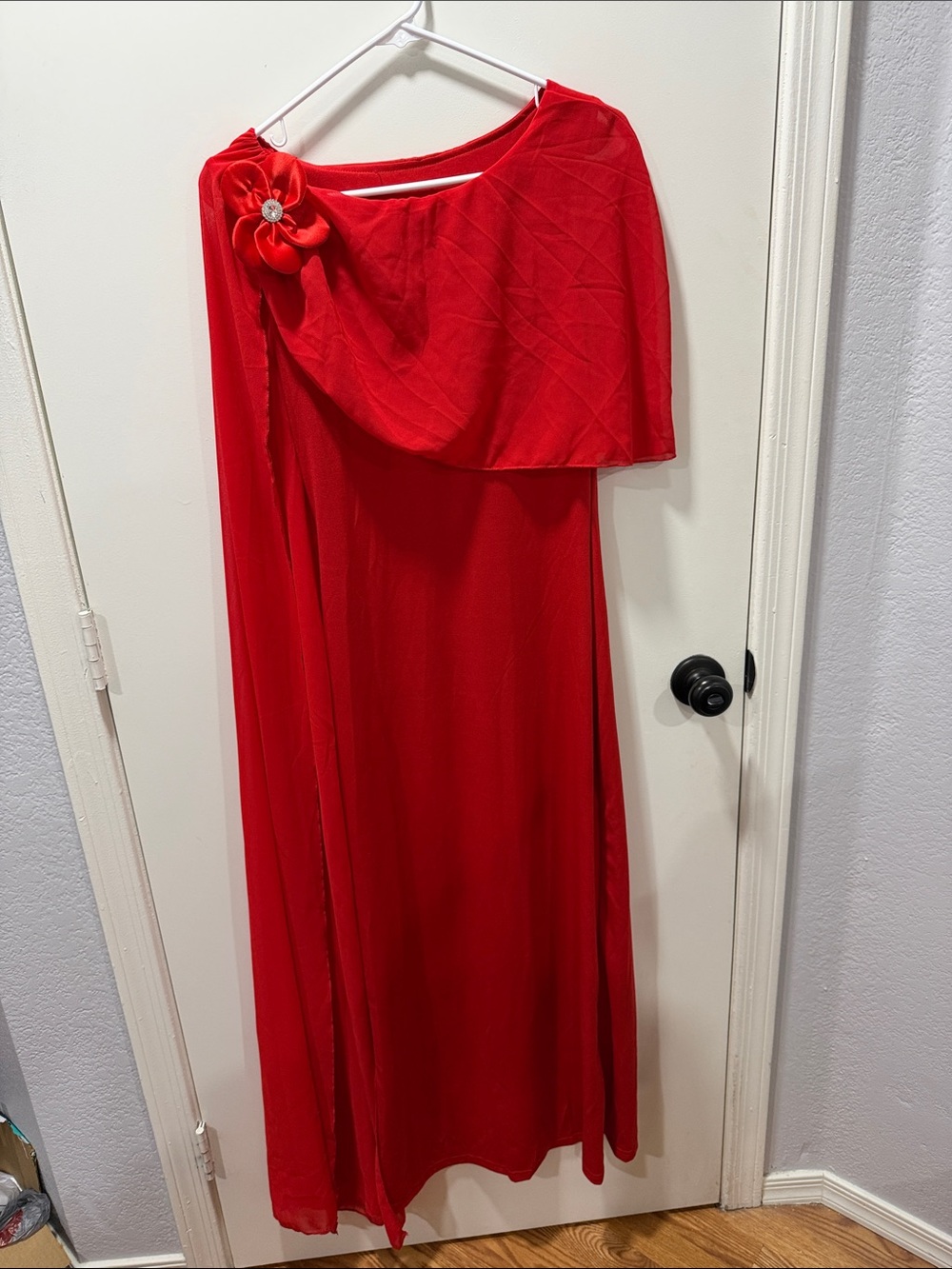 Red One-Shoulder Maxi Dress with Floral Accent
